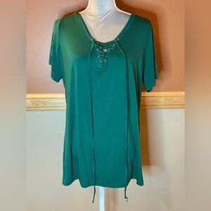 Green Lace-Up V-Neck Women's Top